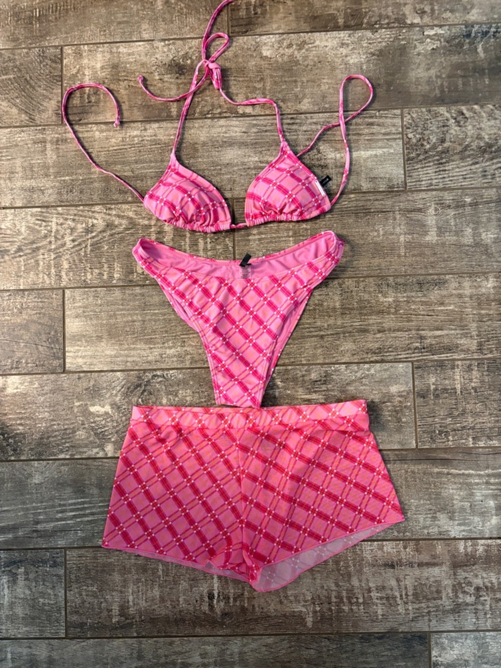 Kendall & Kylie Pink Plaid Triangle Bikini Set with Cover-Up